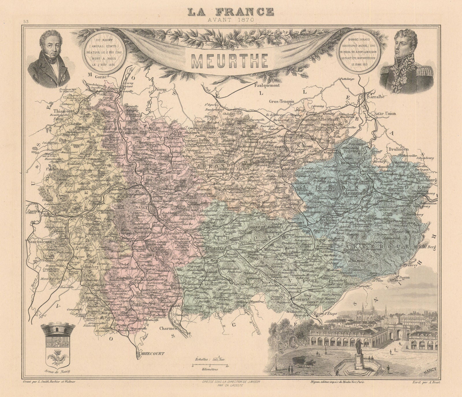 Meurthe département. Nancy vignette. Vuillemin 1890 old antique map plan chart